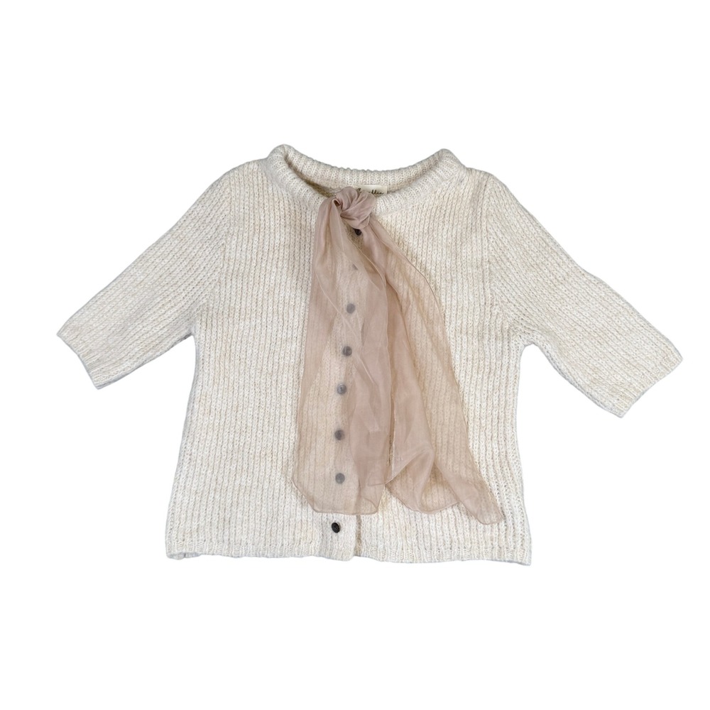 Camellia Cream Ribbed Knit Cardigan Bow Neck Short Sleeve Wool Blend CWJ25707 L